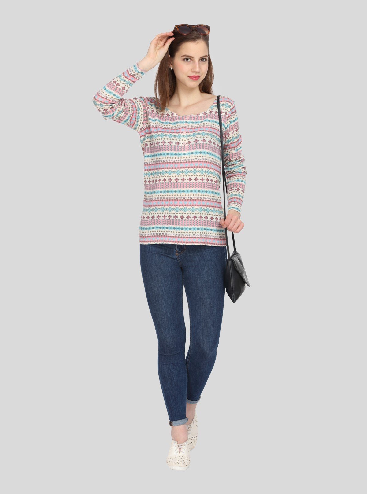 Women's Multicolor Print Scoop Neck Cotton Waffle Knit Buttoned Top - Boer and Fitch
