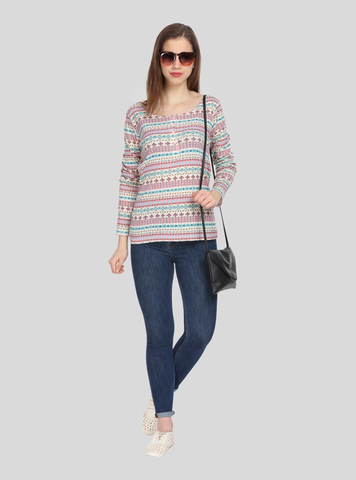 Women's Multicolor Print Scoop Neck Cotton Waffle Knit Buttoned Top - Boer and Fitch