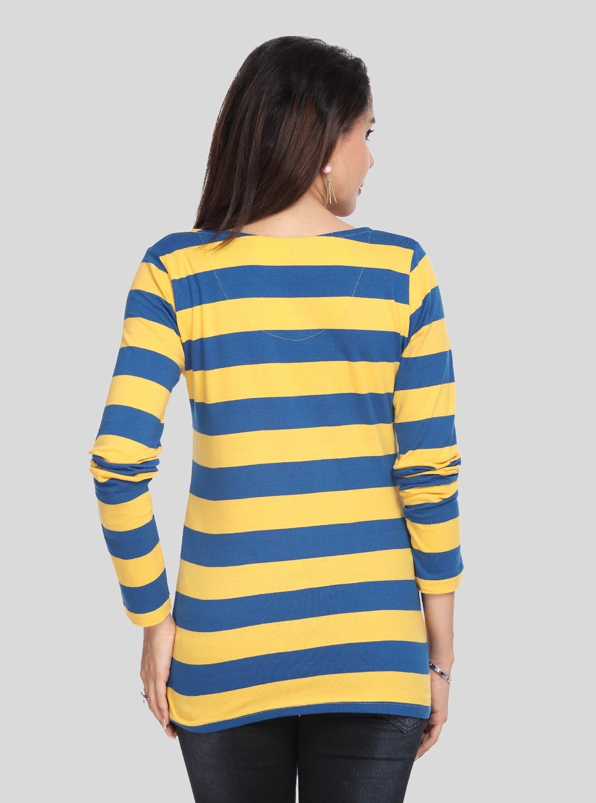 Women's Mustard Striped Scoop Neck Long Sleeve Top – Cotton Jersey Knit - Boer and Fitch