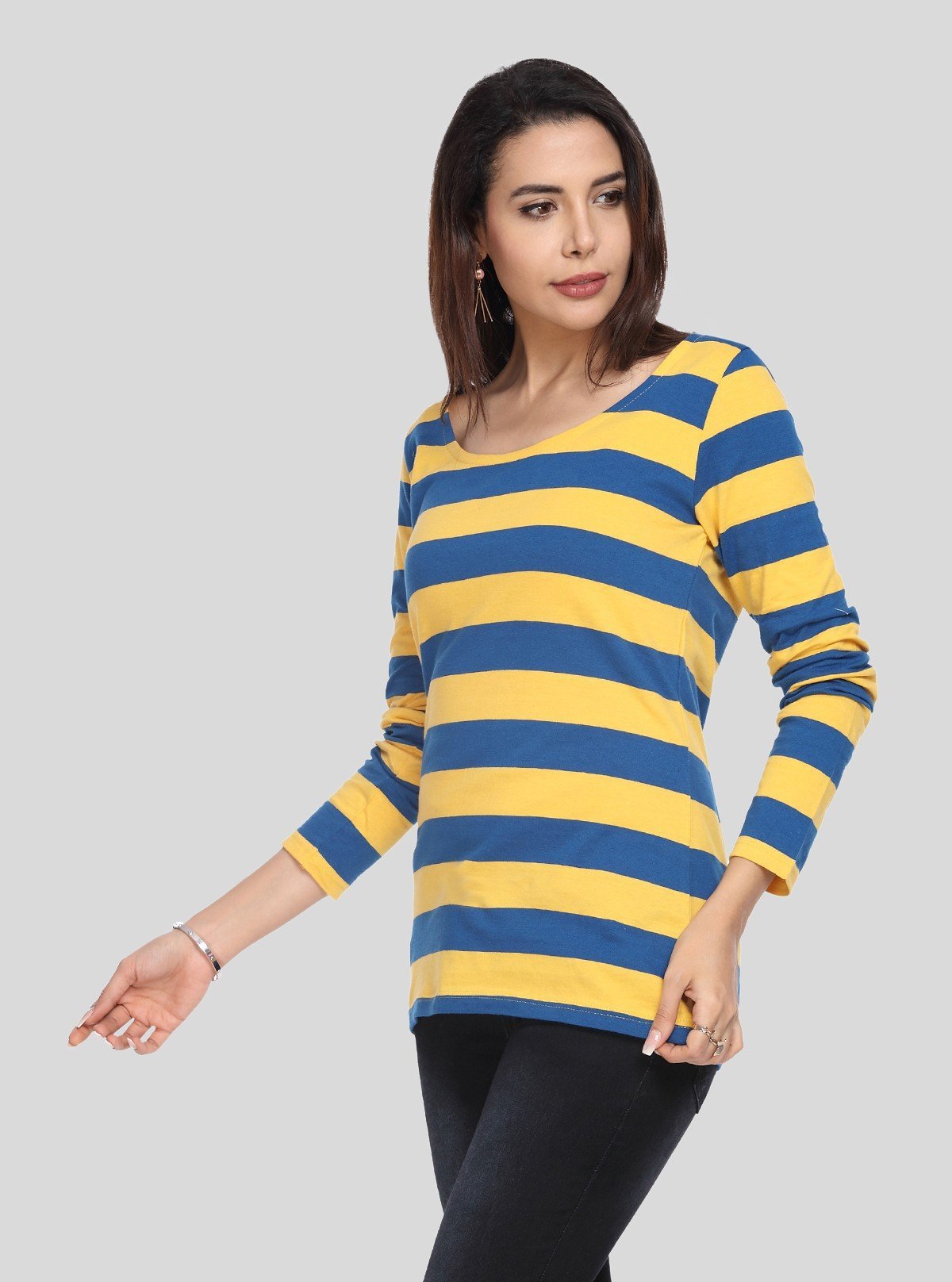 Women's Mustard Striped Scoop Neck Long Sleeve Top – Cotton Jersey Knit - Boer and Fitch