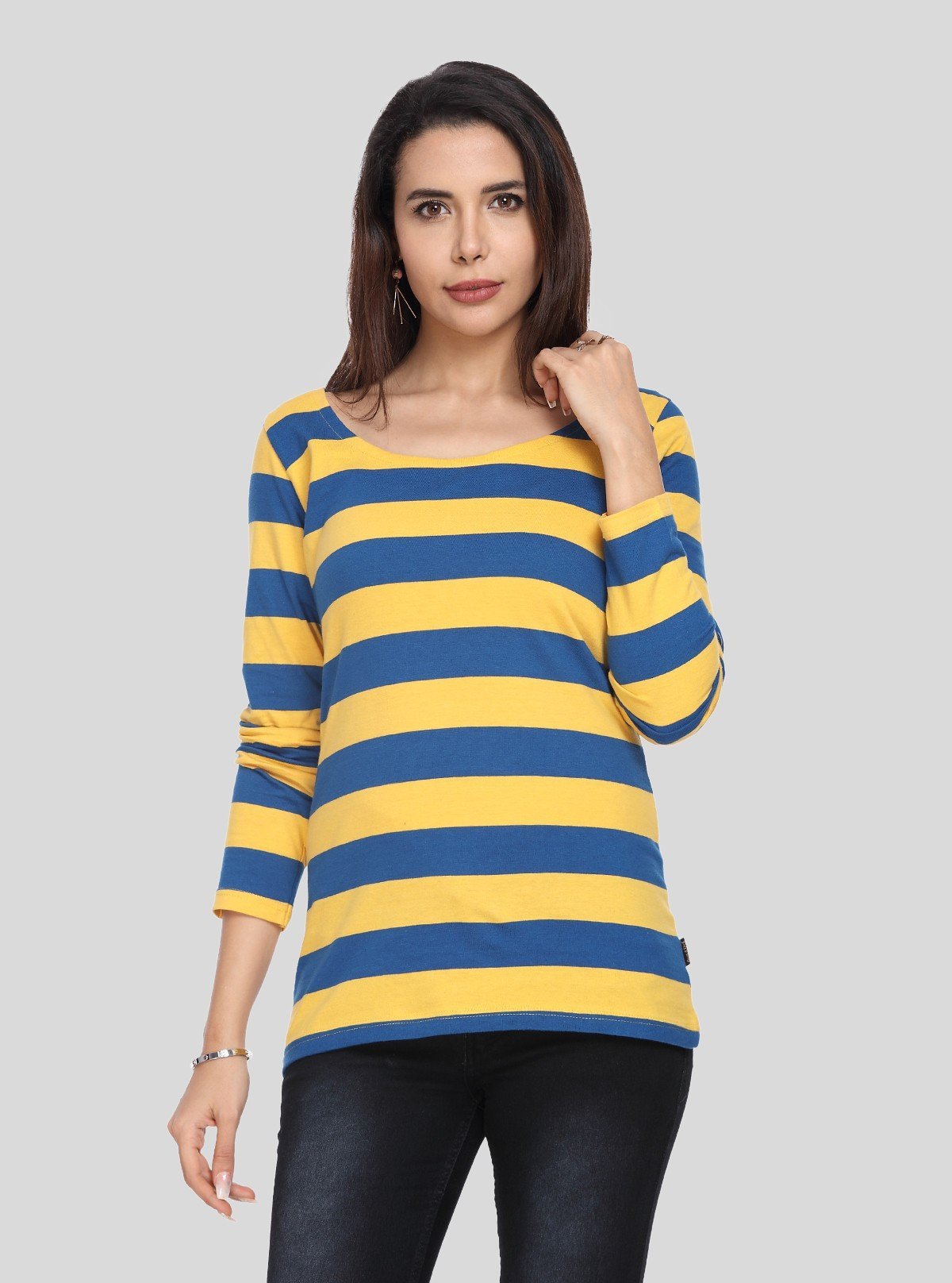 Women's Mustard Striped Scoop Neck Long Sleeve Top – Cotton Jersey Knit - Boer and Fitch