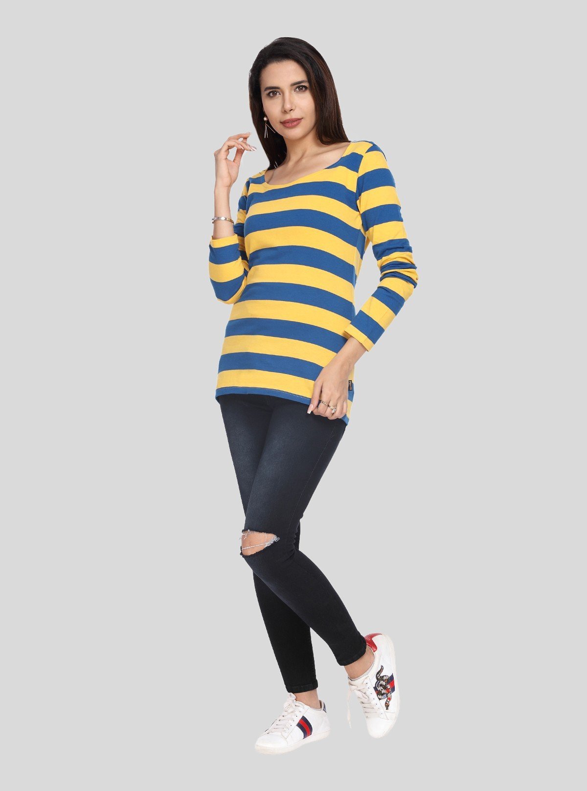 Women's Mustard Striped Scoop Neck Long Sleeve Top – Cotton Jersey Knit - Boer and Fitch