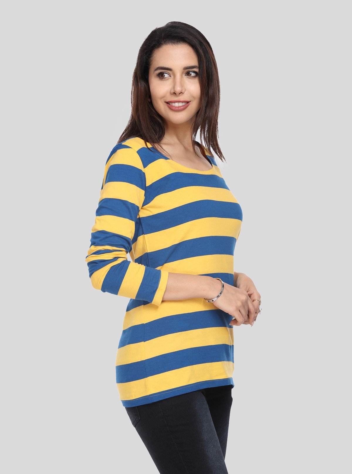 Women's Mustard Striped Scoop Neck Long Sleeve Top – Cotton Jersey Knit - Boer and Fitch