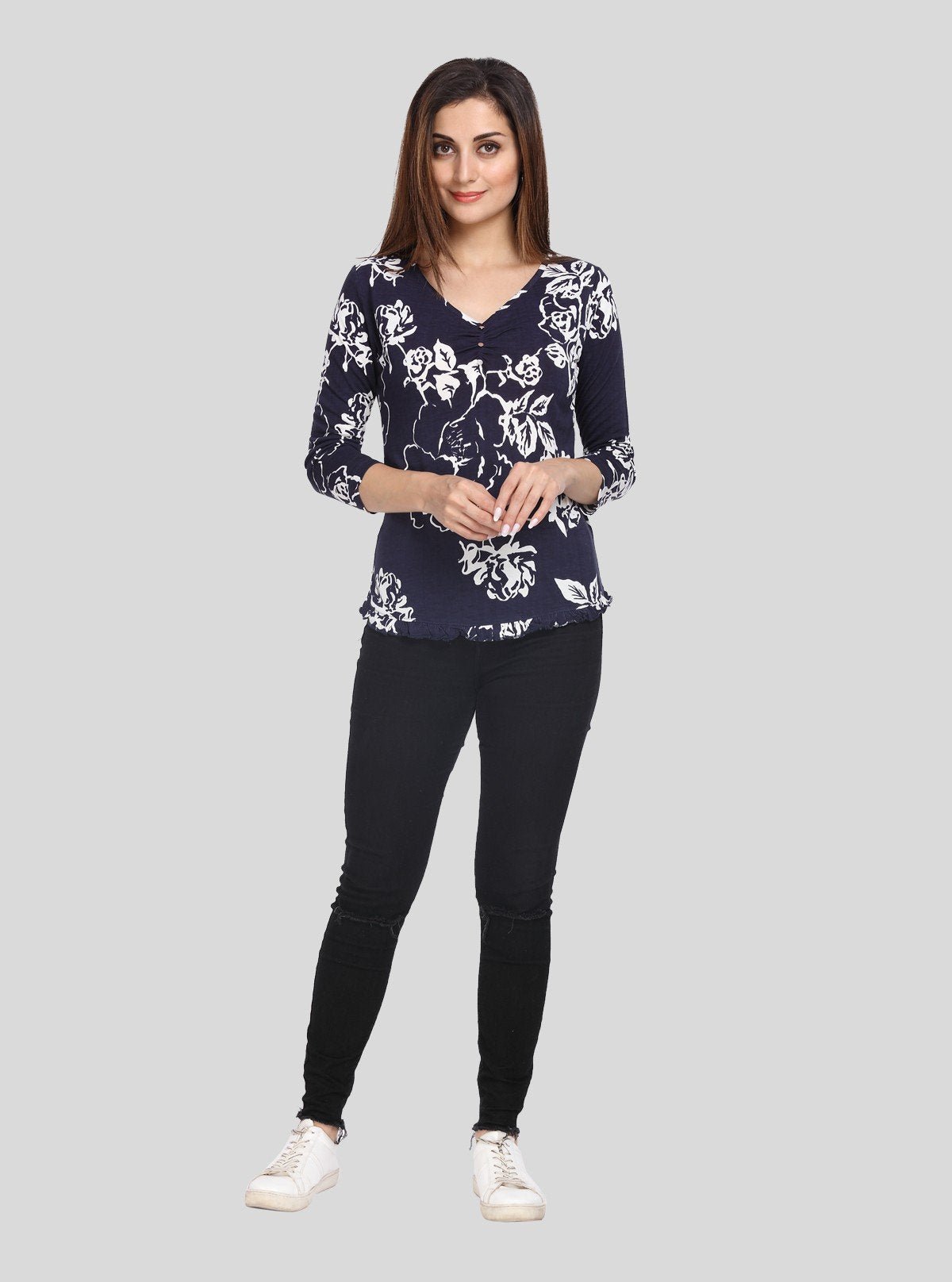 Women's Navy Artistic Floral Top – Elegant Style with Creative Flair - Boer and Fitch