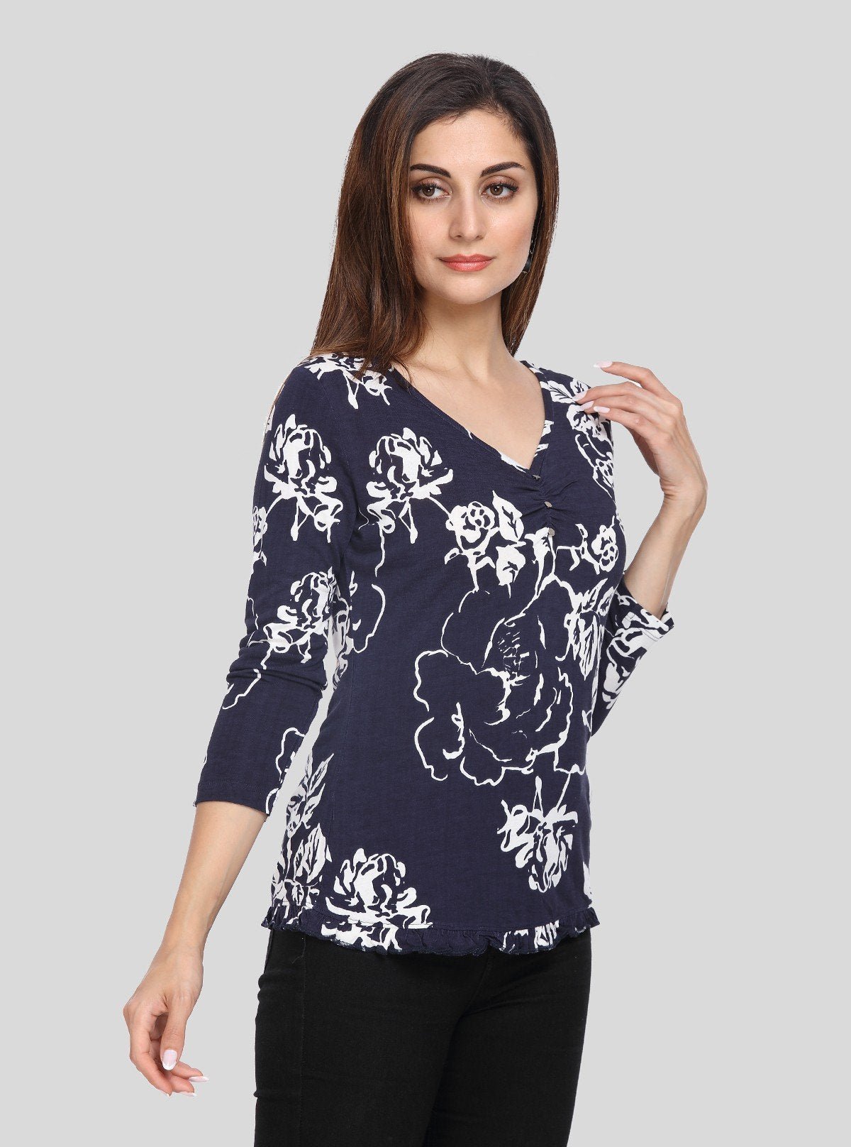 Women's Navy Artistic Floral Top – Elegant Style with Creative Flair - Boer and Fitch