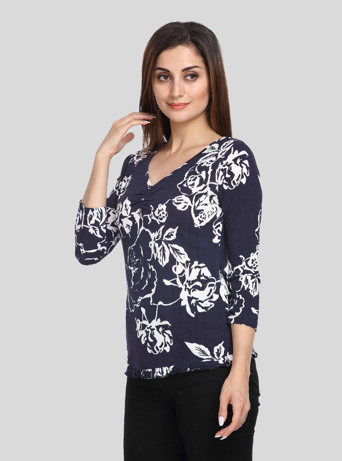 Women's Navy Artistic Floral Top – Elegant Style with Creative Flair - Boer and Fitch