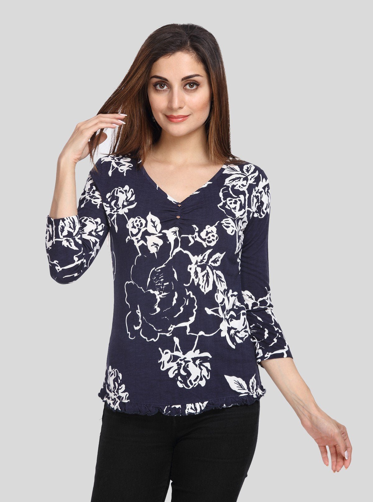 Women's Navy Artistic Floral Top – Elegant Style with Creative Flair - Boer and Fitch