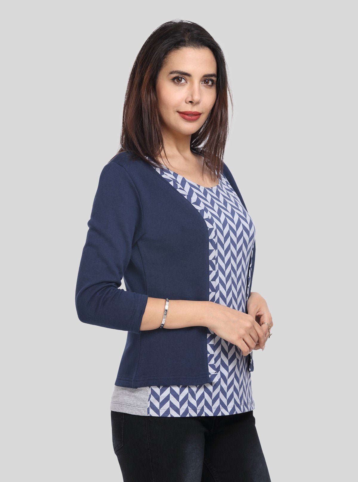 Women's Navy Blue Cotton Shrug with Geometric Print Top – Boer and Fitch - Boer and Fitch