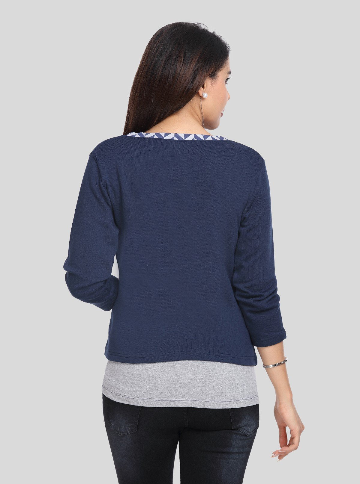 Women's Navy Blue Cotton Shrug with Geometric Print Top – Boer and Fitch - Boer and Fitch