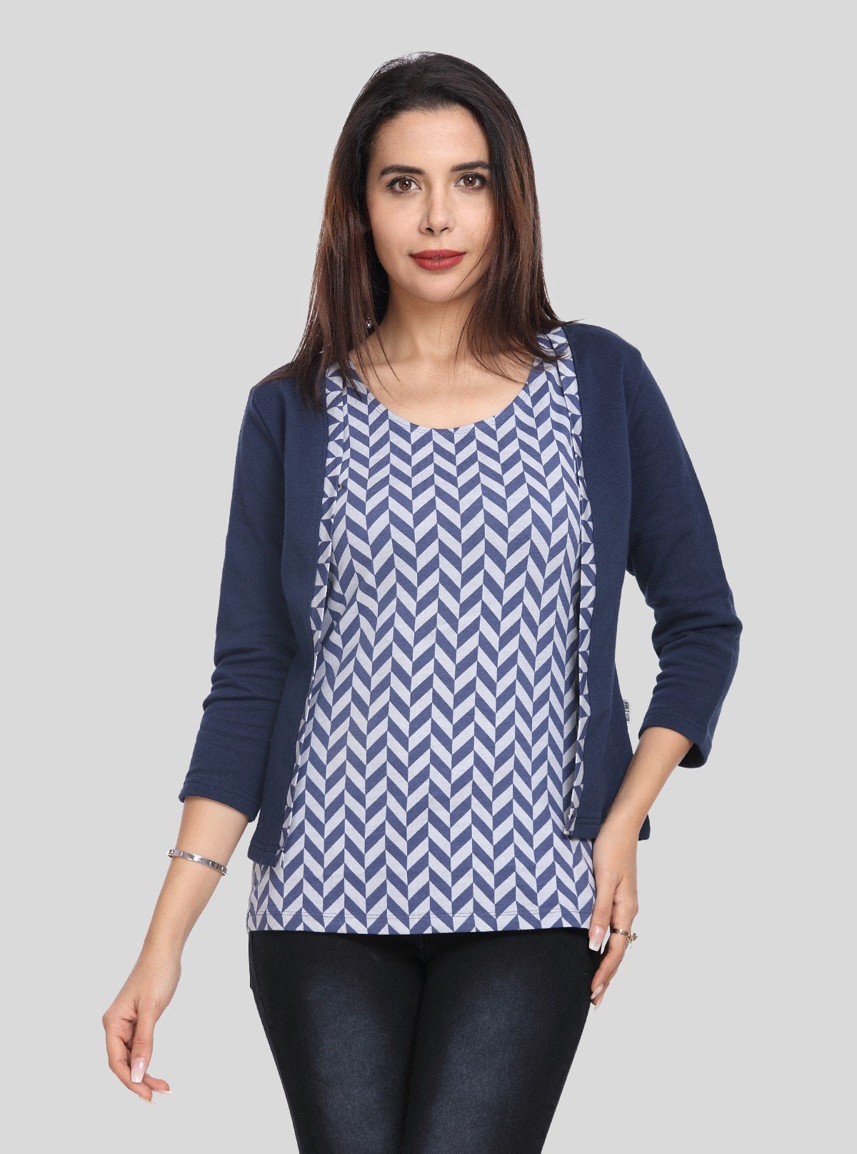Women's Navy Blue Cotton Shrug with Geometric Print Top – Boer and Fitch - Boer and Fitch