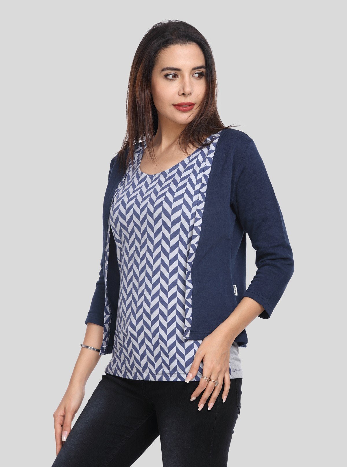 Women's Navy Blue Cotton Shrug with Geometric Print Top – Boer and Fitch - Boer and Fitch