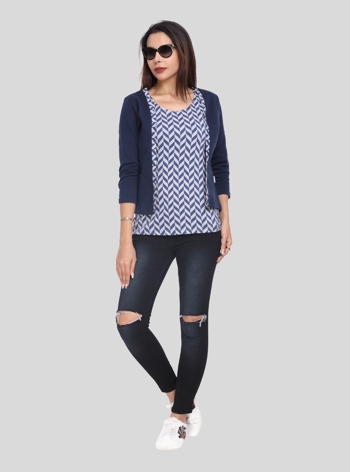 Women's Navy Blue Cotton Shrug with Geometric Print Top – Boer and Fitch - Boer and Fitch
