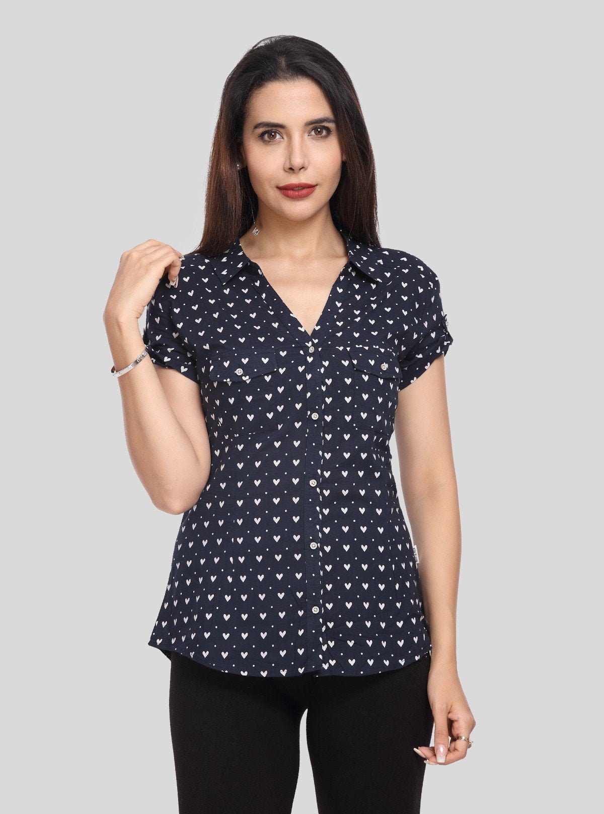 Women’s Navy Blue Heart Print Short Sleeve Shirt by Boer and Fitch - Boer and Fitch