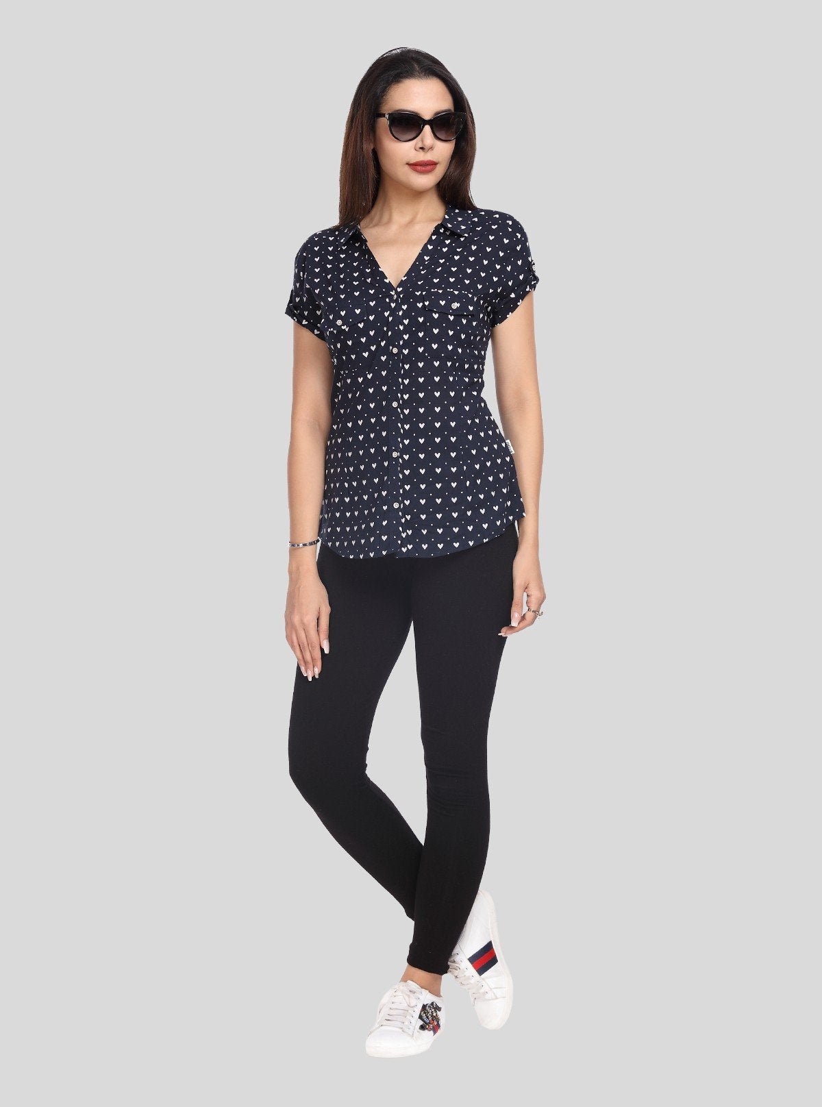 Women’s Navy Blue Heart Print Short Sleeve Shirt by Boer and Fitch - Boer and Fitch