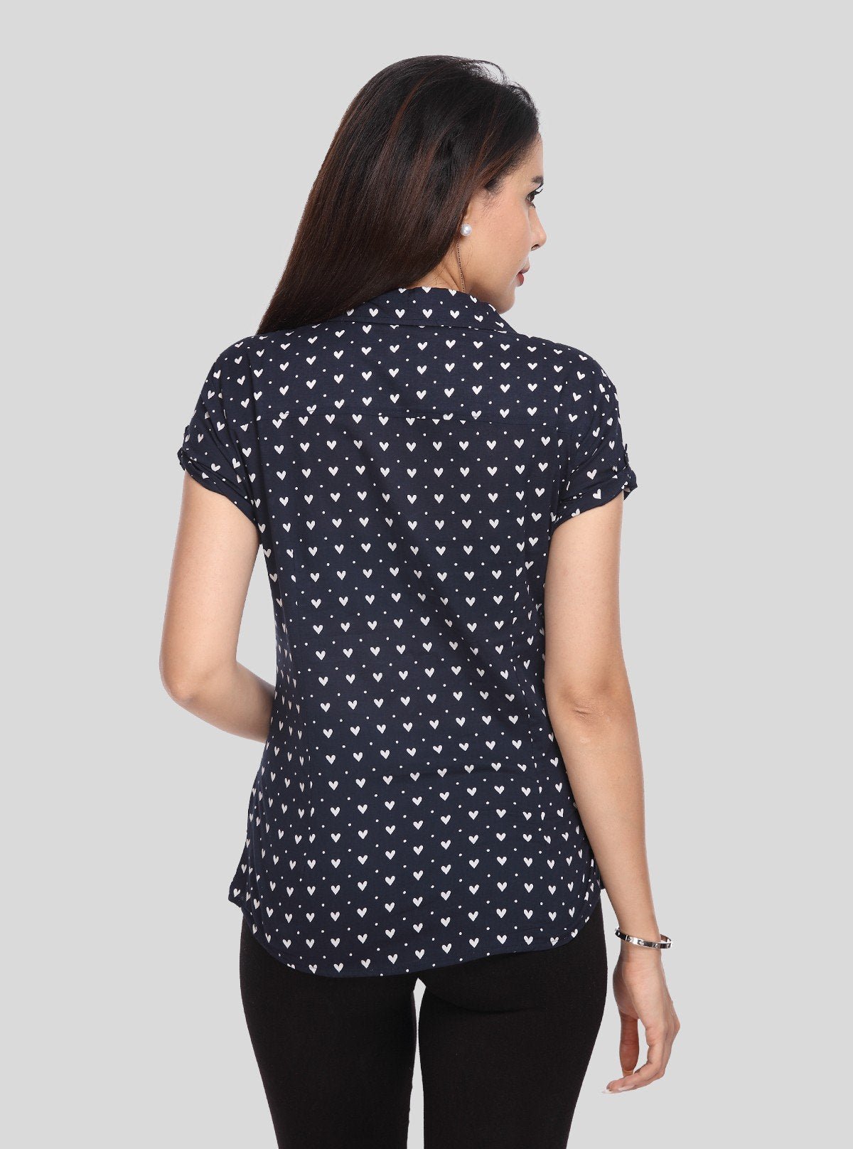 Women’s Navy Blue Heart Print Short Sleeve Shirt by Boer and Fitch - Boer and Fitch