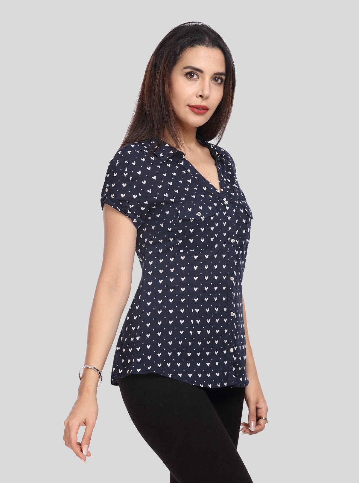 Women’s Navy Blue Heart Print Short Sleeve Shirt by Boer and Fitch - Boer and Fitch