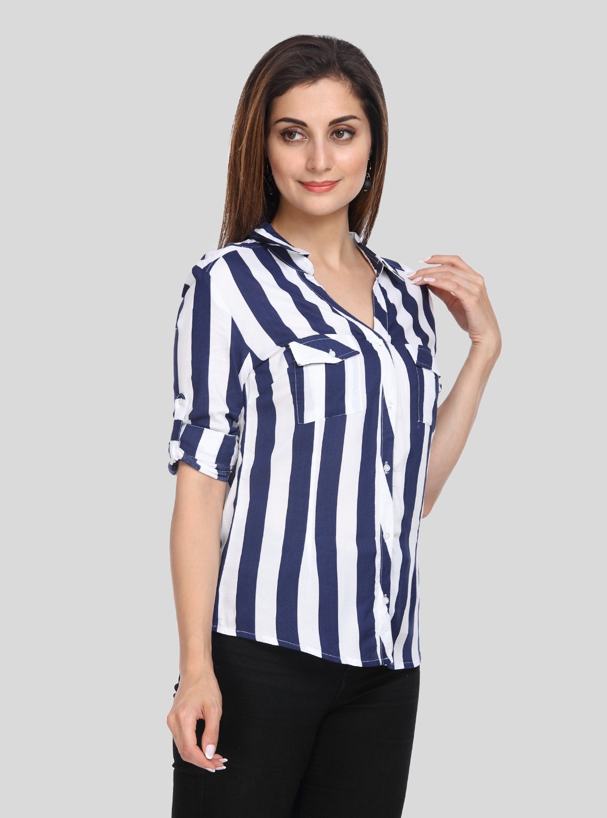 Women's Navy Blue Vertical Stripe Long Sleeve Shirt – Boer and Fitch - Boer and Fitch