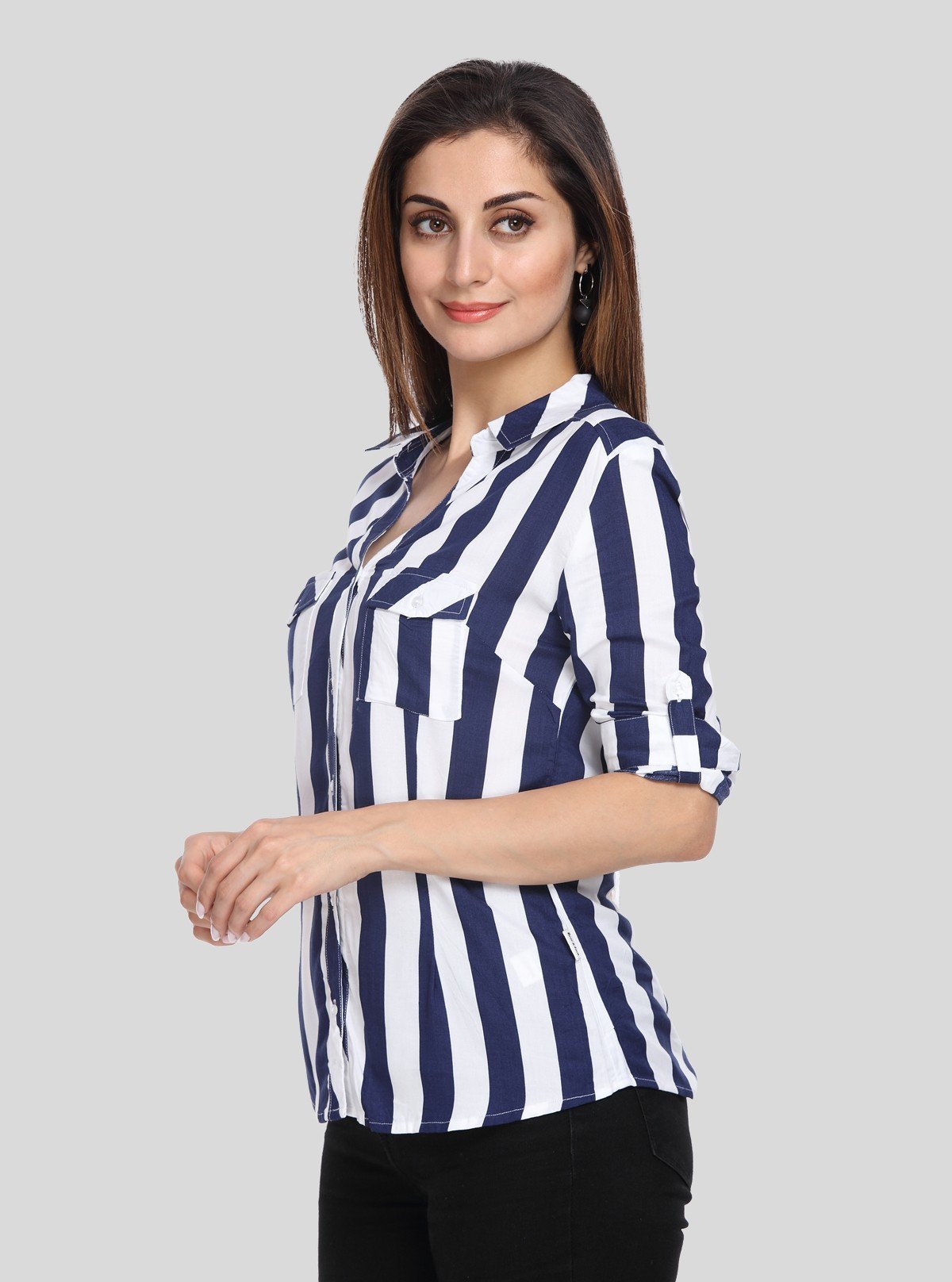 Women's Navy Blue Vertical Stripe Long Sleeve Shirt – Boer and Fitch - Boer and Fitch