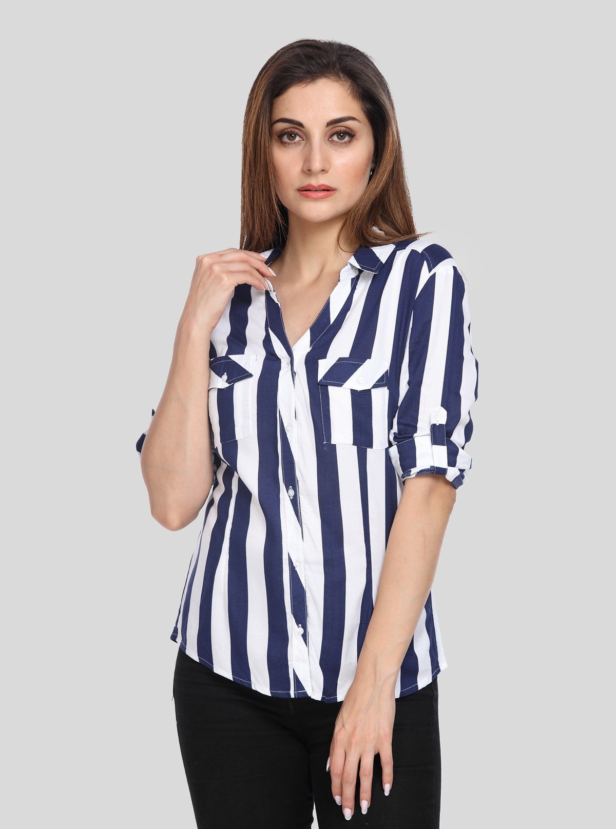 Women's Navy Blue Vertical Stripe Long Sleeve Shirt – Boer and Fitch - Boer and Fitch