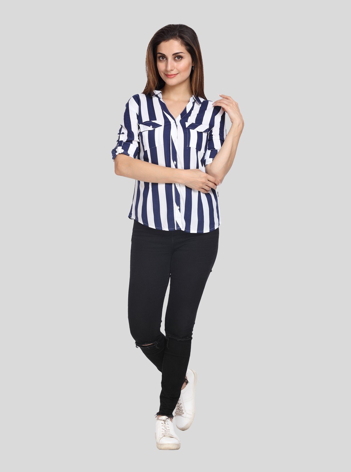 Women's Navy Blue Vertical Stripe Long Sleeve Shirt – Boer and Fitch - Boer and Fitch