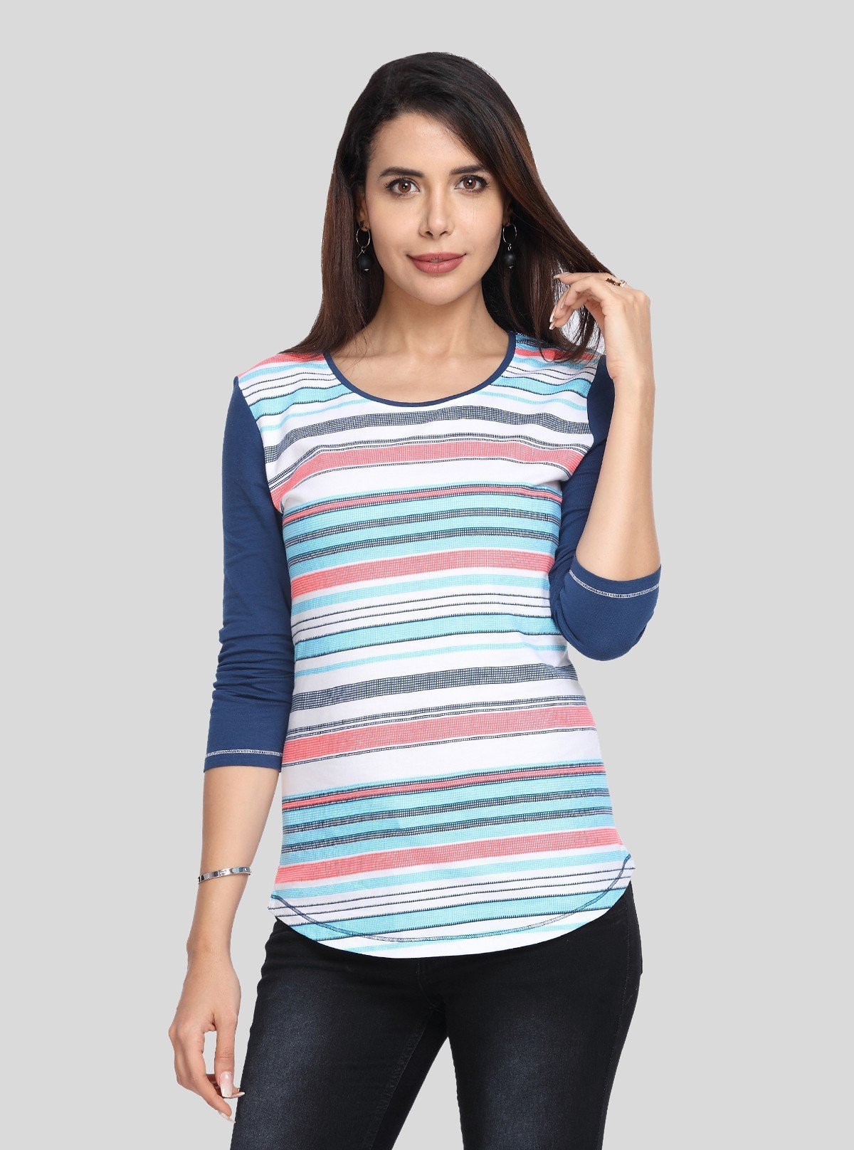 Women's Navy Contrast Striped Top – Smart Casual Style by Boer & Fitch - Boer and Fitch