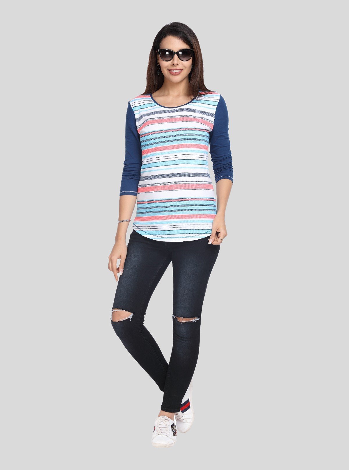 Women's Navy Contrast Striped Top – Smart Casual Style by Boer & Fitch - Boer and Fitch