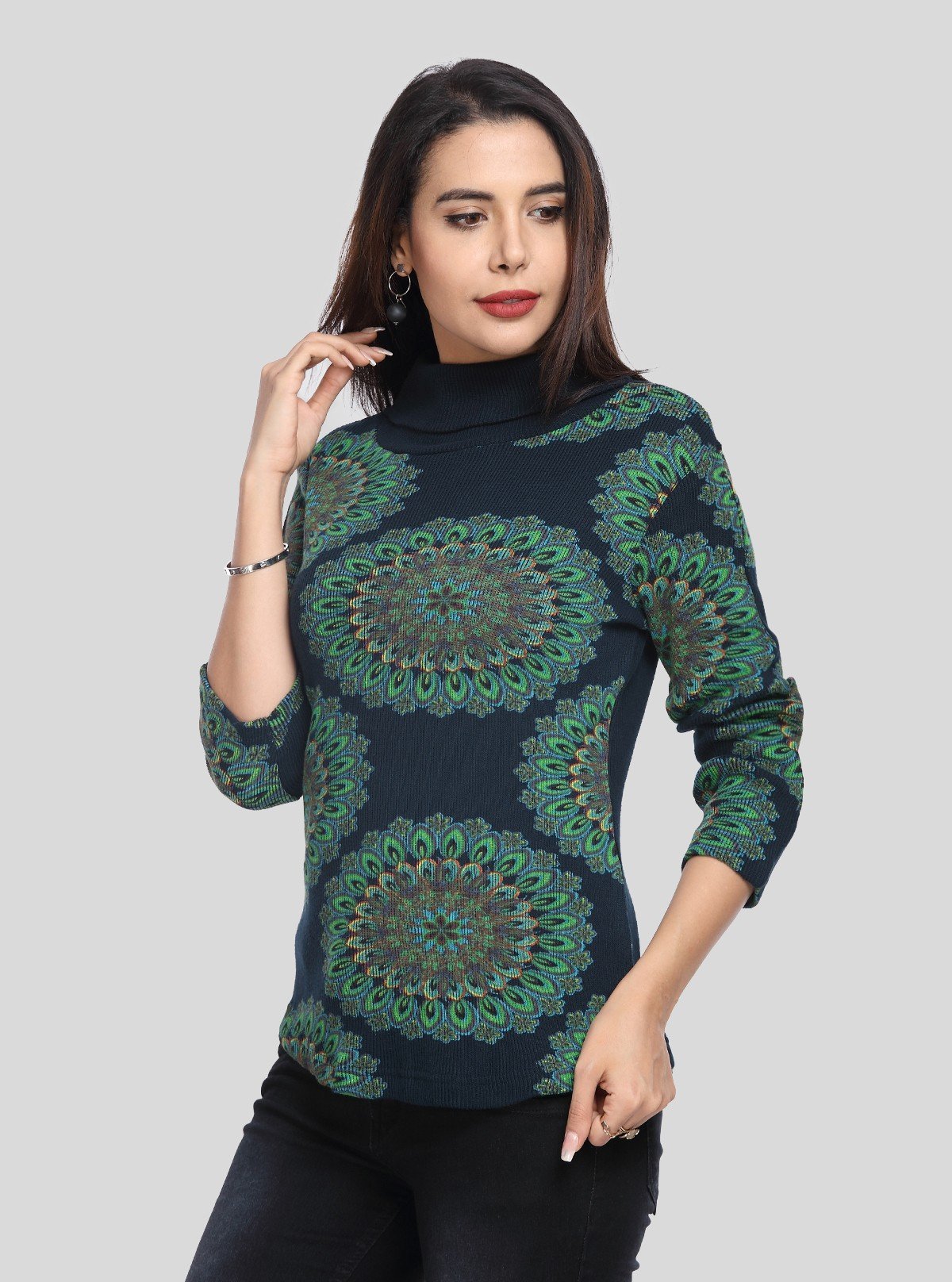 Women’s Navy Floral Rib Knit Turtle Neck Sweat Top in Cotton - Poly Blend - Boer and Fitch