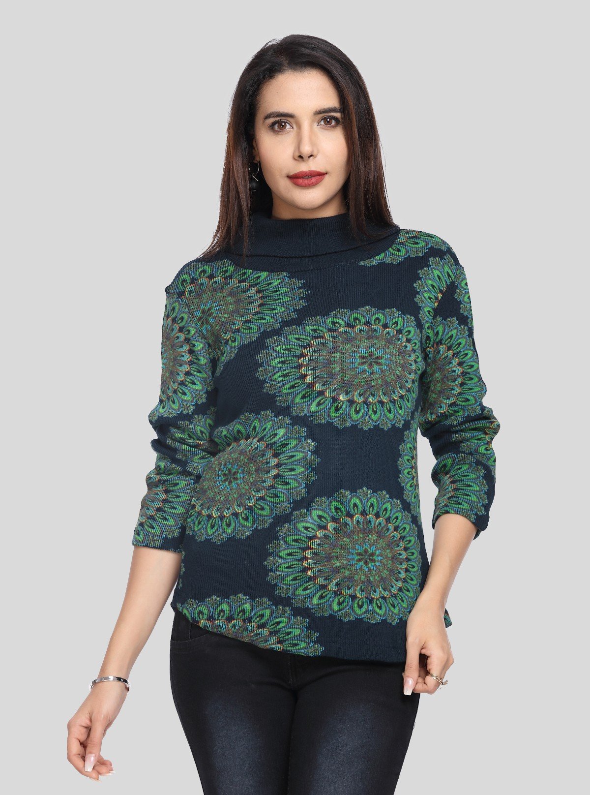 Women’s Navy Floral Rib Knit Turtle Neck Sweat Top in Cotton - Poly Blend - Boer and Fitch
