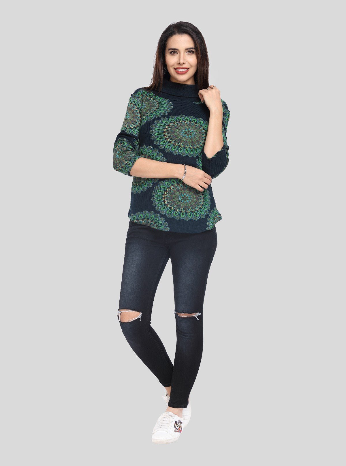 Women’s Navy Floral Rib Knit Turtle Neck Sweat Top in Cotton - Poly Blend - Boer and Fitch