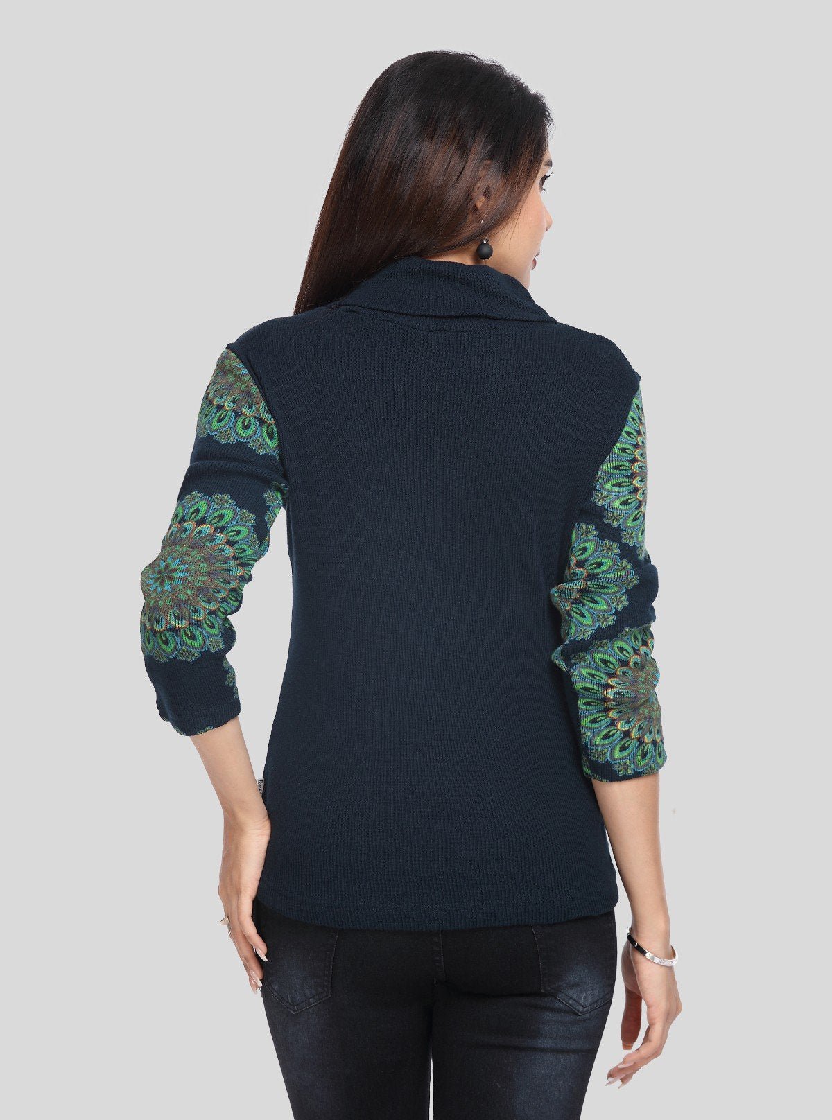 Women’s Navy Floral Rib Knit Turtle Neck Sweat Top in Cotton - Poly Blend - Boer and Fitch