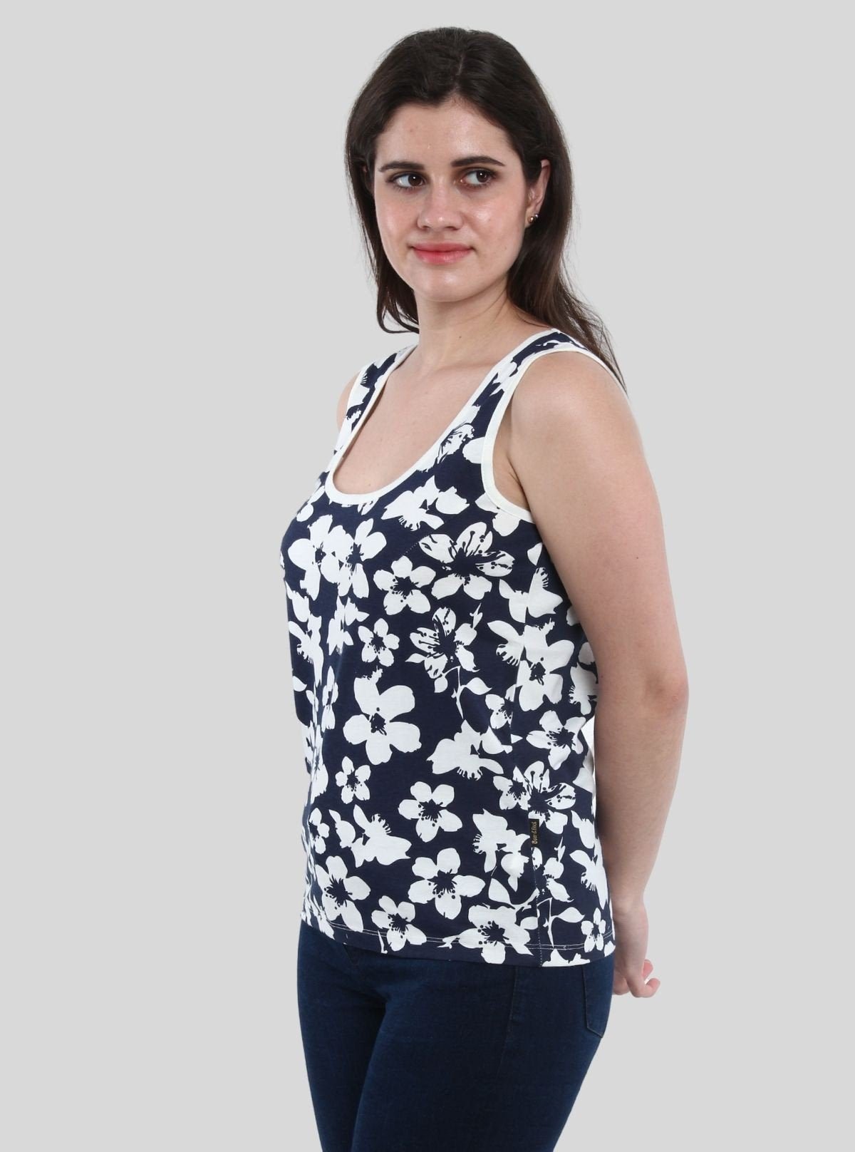 Women’s Navy Floral Sleeveless Top – Elegant Cotton Jersey by Boer and Fitch - Boer and Fitch