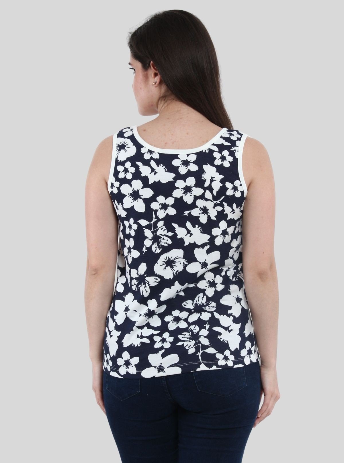 Women’s Navy Floral Sleeveless Top – Elegant Cotton Jersey by Boer and Fitch - Boer and Fitch