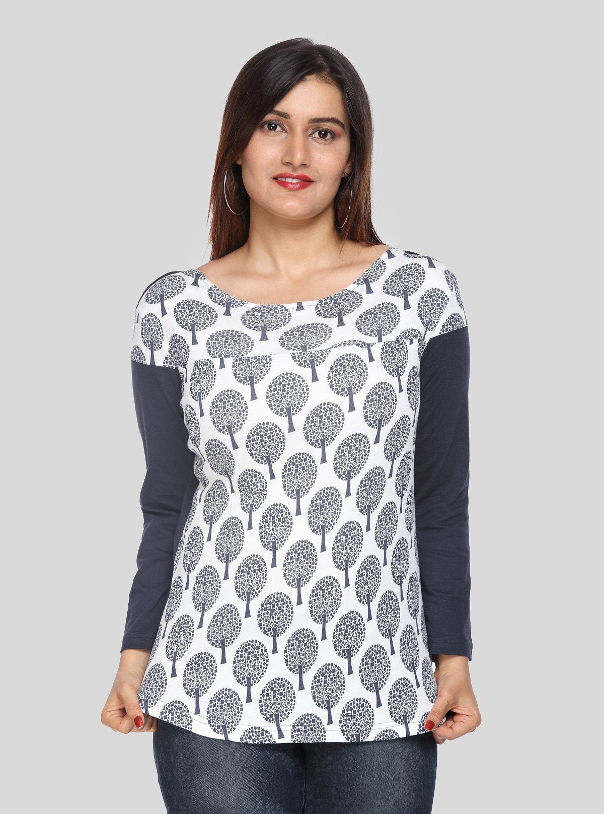 Women's Navy Printed Scoop Neck Top with Contrast Sleeves – Cotton Jersey - Boer and Fitch