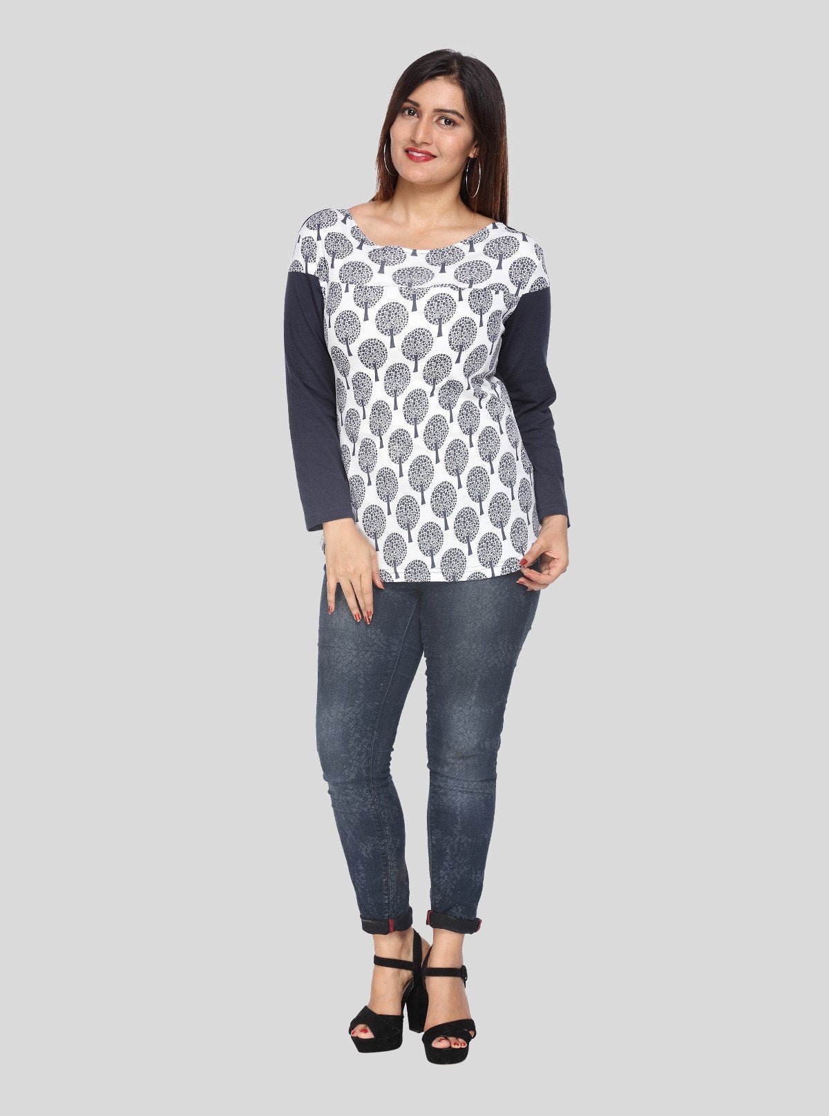 Women's Navy Printed Scoop Neck Top with Contrast Sleeves – Cotton Jersey - Boer and Fitch