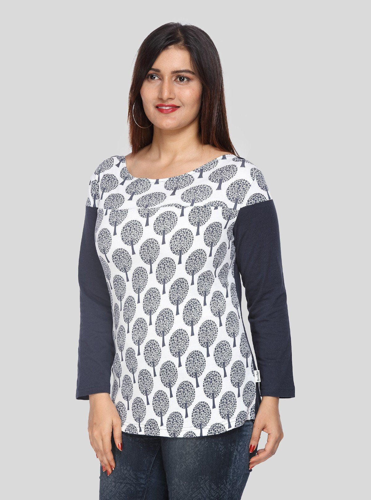 Women's Navy Printed Scoop Neck Top with Contrast Sleeves – Cotton Jersey - Boer and Fitch