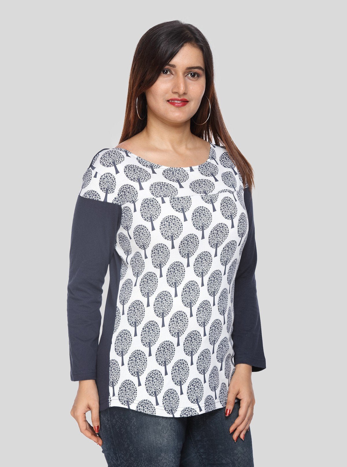 Women's Navy Printed Scoop Neck Top with Contrast Sleeves – Cotton Jersey - Boer and Fitch