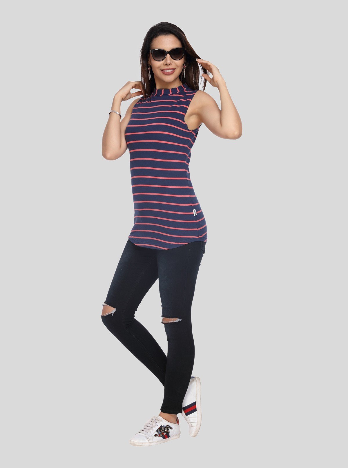 Women’s Navy Striped Sleeveless High Neck Top – Boer and Fitch - Boer and Fitch