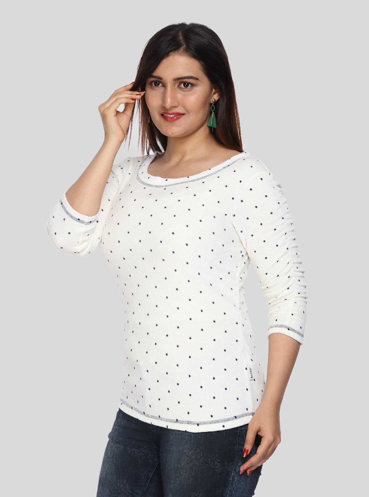 Women's Off - White Scoop Neck Polka Dot Cotton Rib Knit Long Sleeve Top - Boer and Fitch