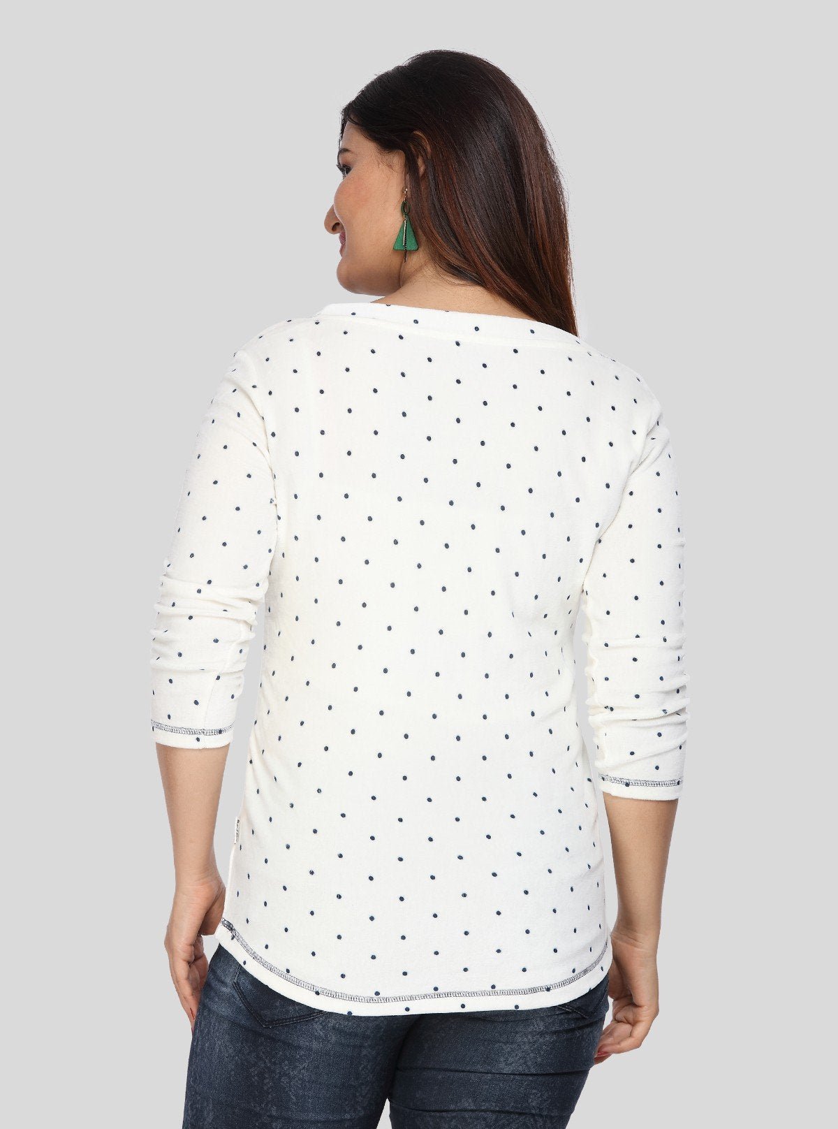 Women's Off - White Scoop Neck Polka Dot Cotton Rib Knit Long Sleeve Top - Boer and Fitch