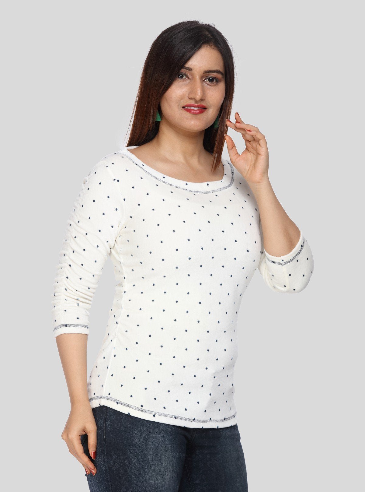 Women's Off - White Scoop Neck Polka Dot Cotton Rib Knit Long Sleeve Top - Boer and Fitch
