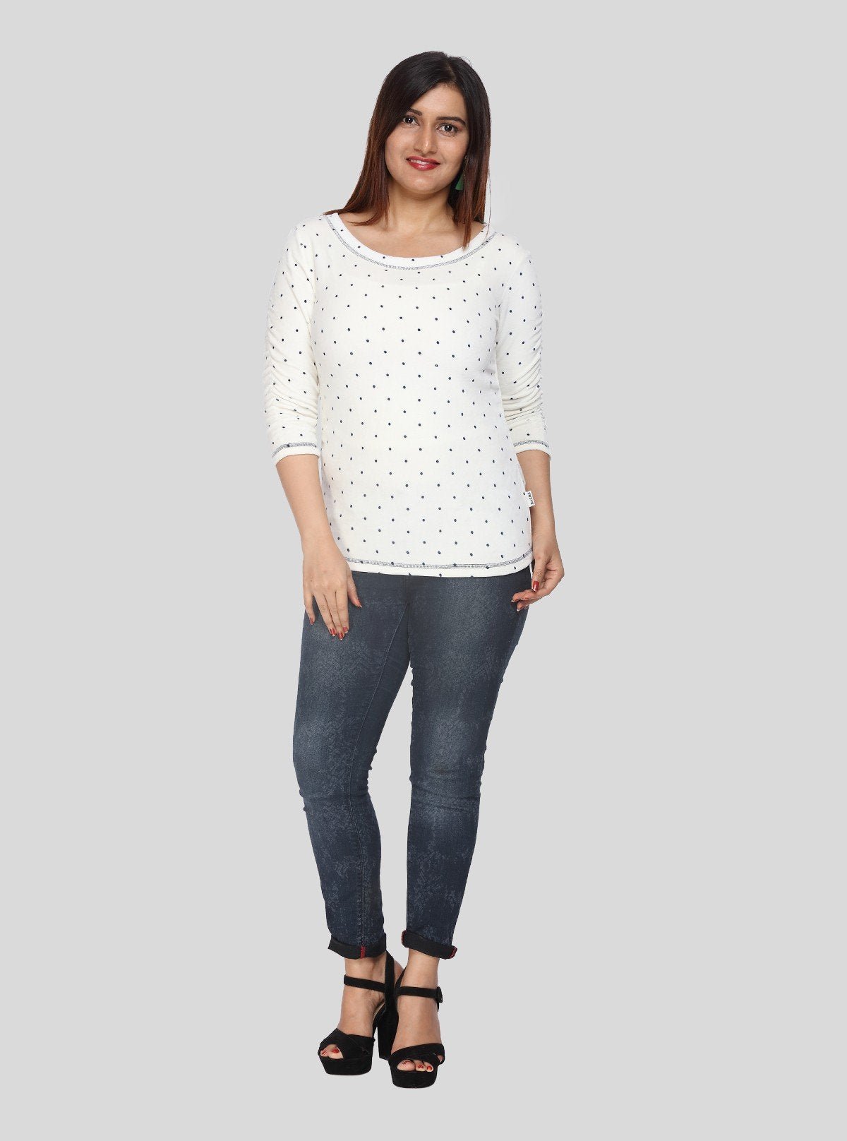 Women's Off - White Scoop Neck Polka Dot Cotton Rib Knit Long Sleeve Top - Boer and Fitch
