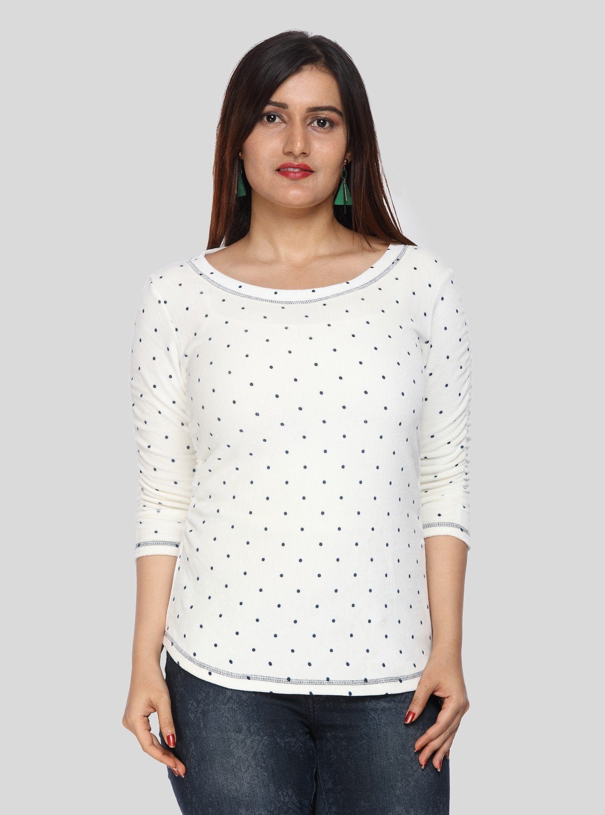 Women's Off - White Scoop Neck Polka Dot Cotton Rib Knit Long Sleeve Top - Boer and Fitch