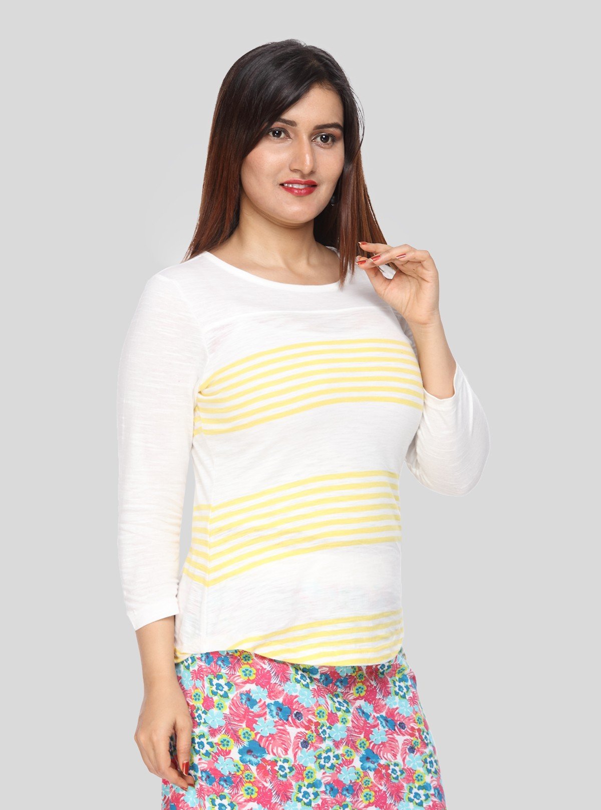 Women's Off - White Scoop Neck Yellow Stripe Long Sleeve Cotton Slub Jersey Top - Boer and Fitch