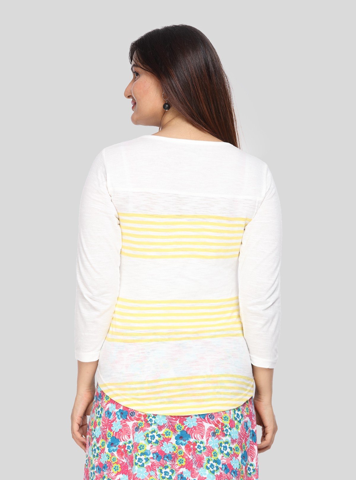 Women's Off - White Scoop Neck Yellow Stripe Long Sleeve Cotton Slub Jersey Top - Boer and Fitch