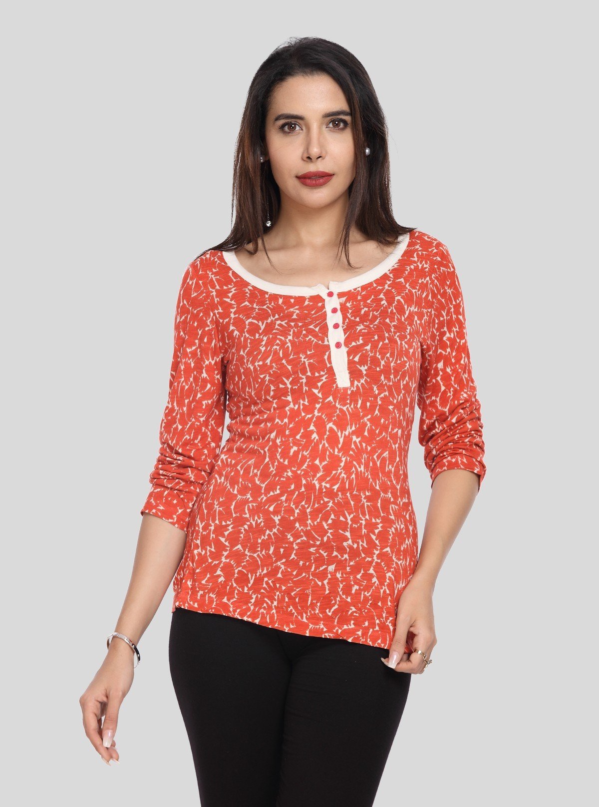 Women's Orange All - Over Printed Scoop Neck Top with Front Button | Boer & Fitch - Boer and Fitch