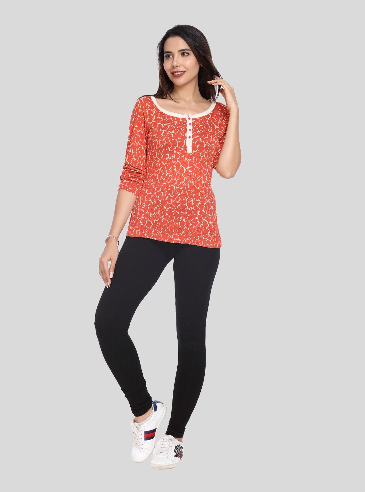 Women's Orange All - Over Printed Scoop Neck Top with Front Button | Boer & Fitch - Boer and Fitch