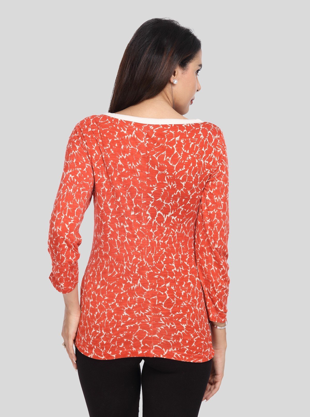 Women's Orange All - Over Printed Scoop Neck Top with Front Button | Boer & Fitch - Boer and Fitch