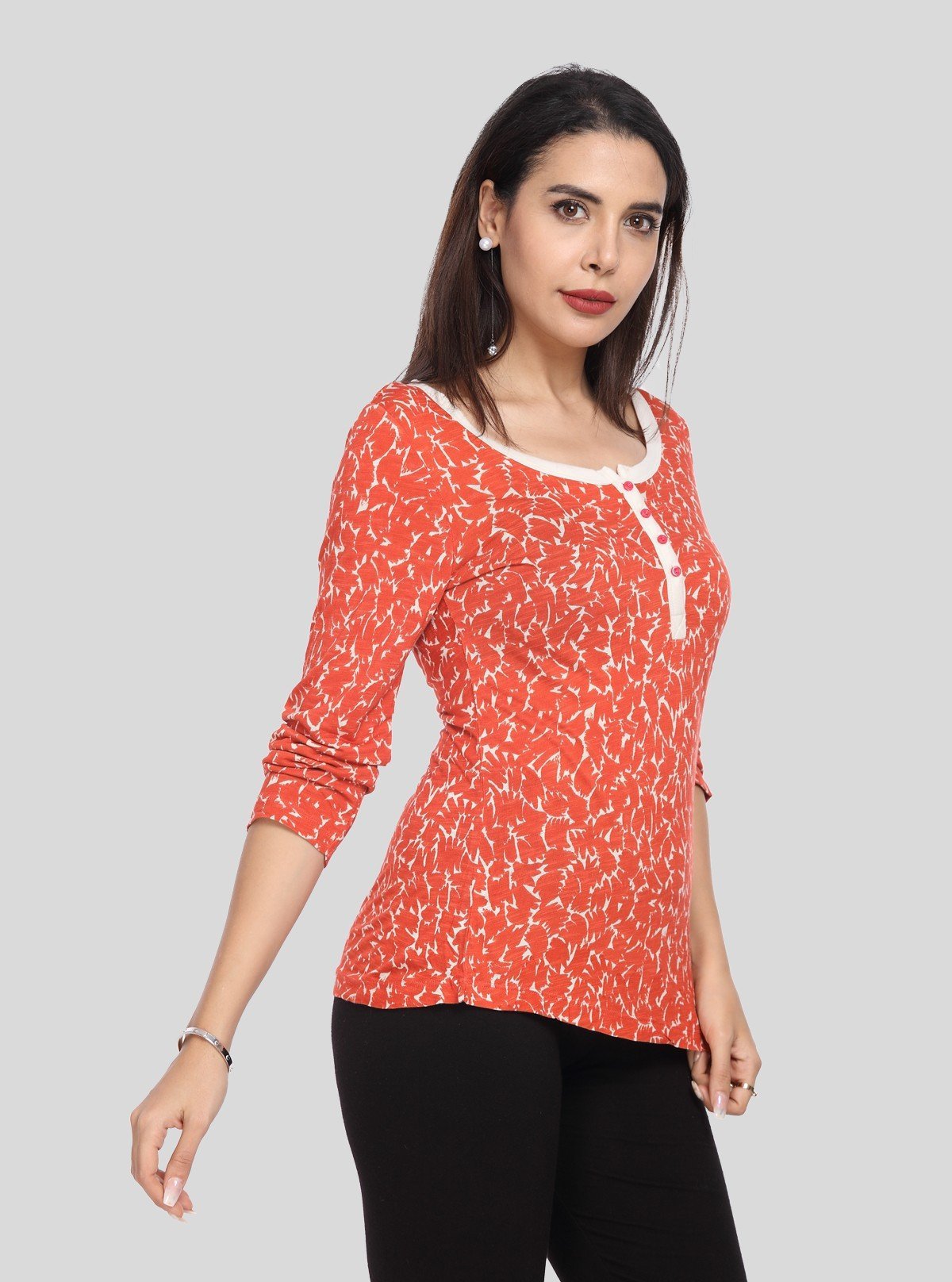 Women's Orange All - Over Printed Scoop Neck Top with Front Button | Boer & Fitch - Boer and Fitch