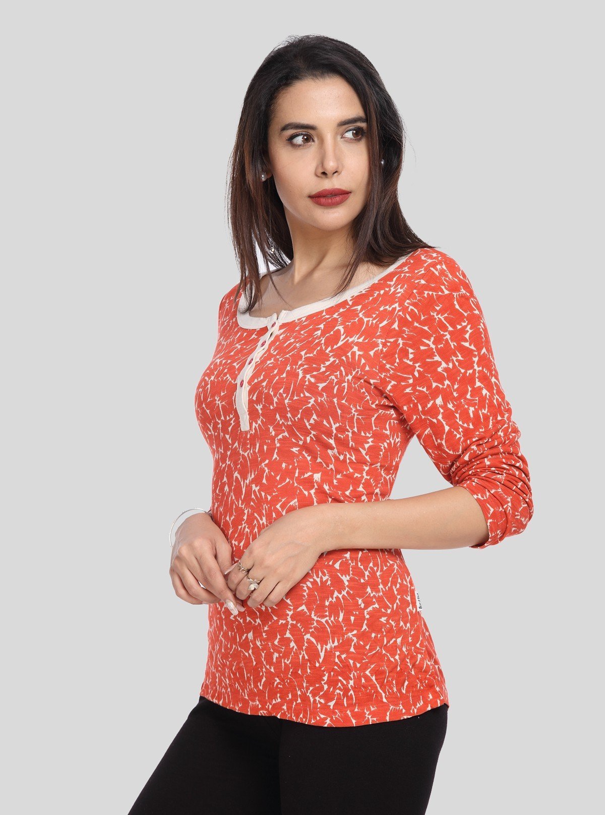 Women's Orange All - Over Printed Scoop Neck Top with Front Button | Boer & Fitch - Boer and Fitch