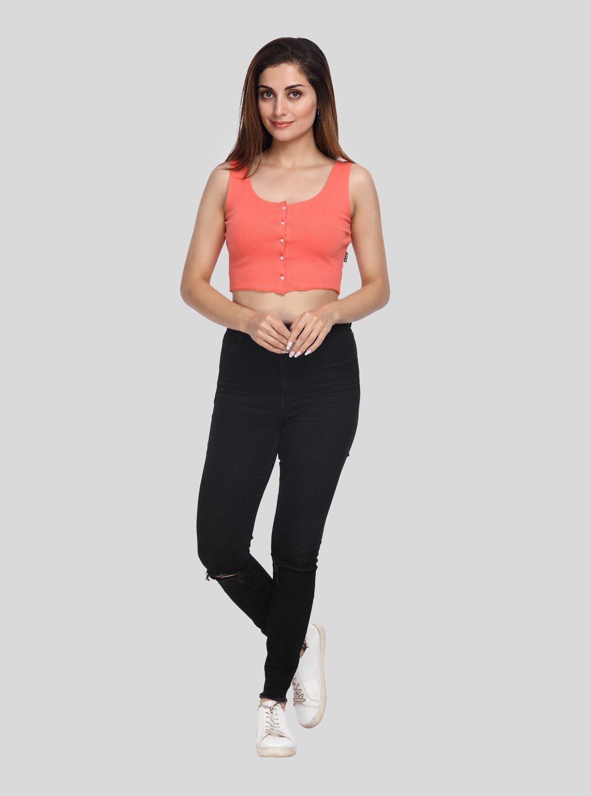 Women's Orange Button Front Crop Top in Cotton Durby Knit Fabric - Boer and Fitch